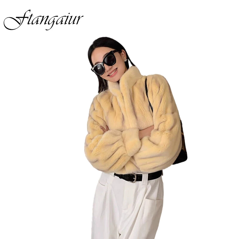 

Зимнее пальто Ftangaiur для женщин, импортное бархатное пальто из меха норки, женские короткие шубы из натурального меха норки с длинным рукавом и кисточкой и воротником-стойкой