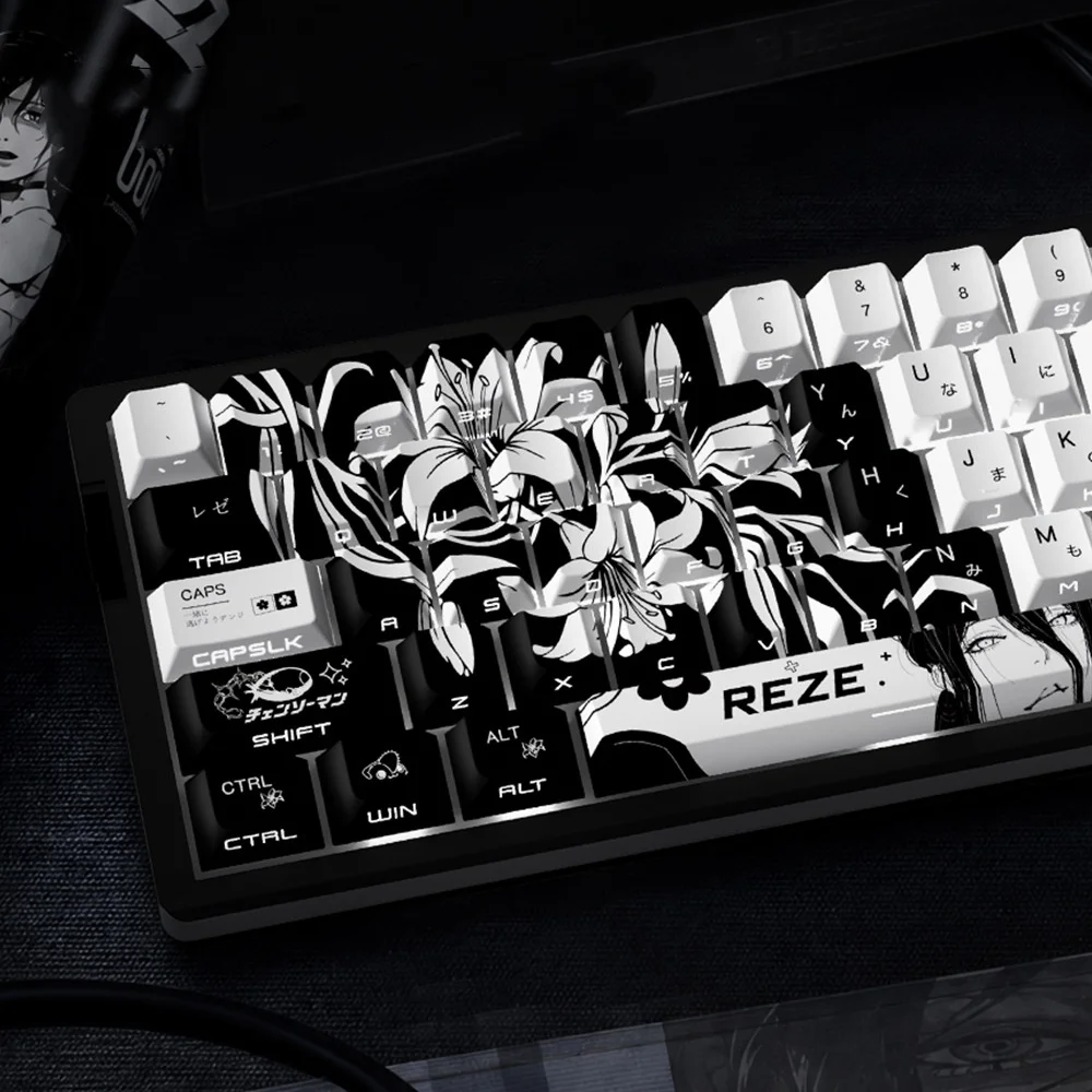 Фото Новые PBT-кейкапы Reze Cherry Profile с 5-сторонней сублимационной печатью, светопропускающие, для японской/русской кириллической клавиатуры, 74/129 клавиш №2