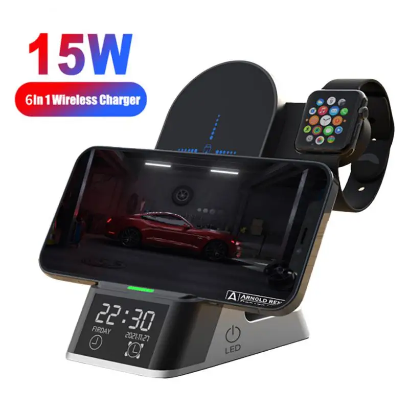 

15W Wireless Charger Stand for Apple Watch AirPods 3 6 in 1 Multi-function Alarm Clock Dock Station Fast Charging For iPhone13