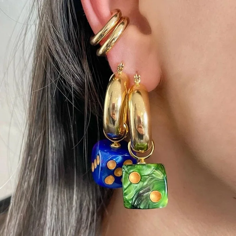 

Color Acrylic Dice Square Pendant Gold Color Copper Circle Geometric Drop Earrings New Fashion Women Girls Punk Dangle Jewelry