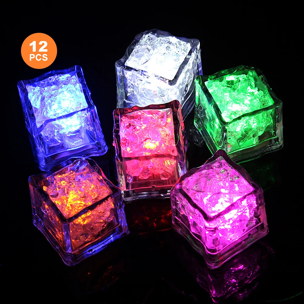 

12pcs LED Ice Cubes 8-25 Hours Use Time Glowing Floating Bathtub Toys Water Actived Fluorescent Light for Club Bar Party Wedding