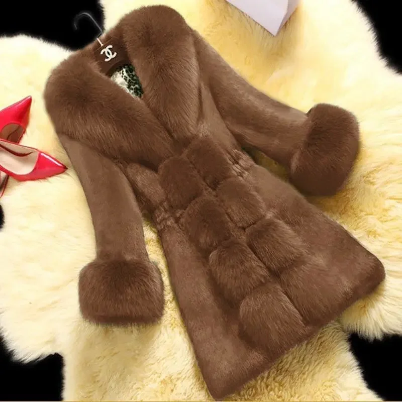 2022 New  Autumn Winter Female Mid-Long  Fleece Overcoat Faux Fur Fox Fur Collar Mink Fur Coat Thicken Elegant f