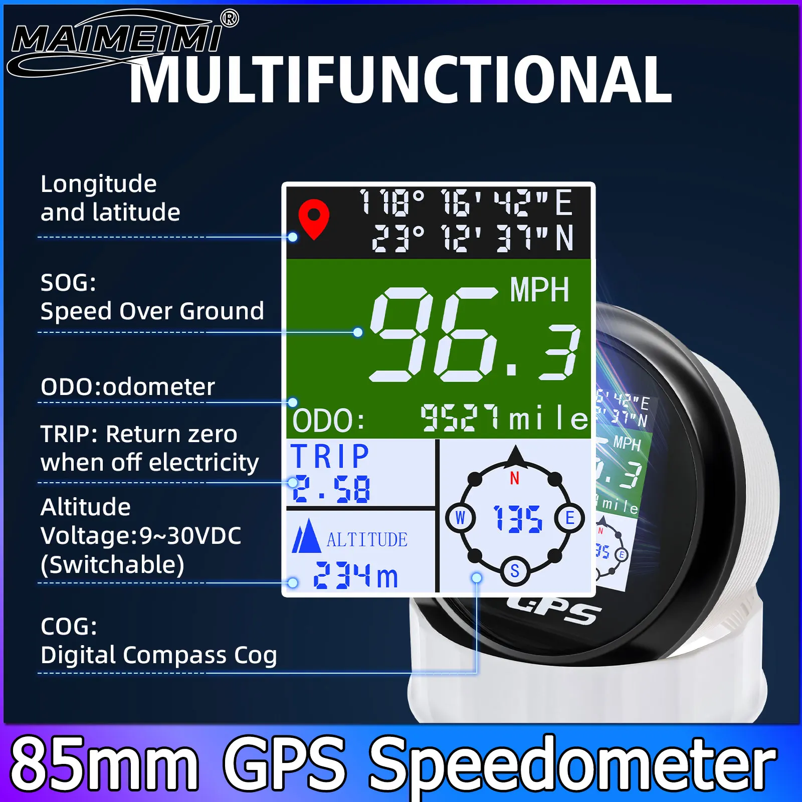 Фото Многофункциональный цифровой спидометр 6-в-1 с GPS-антенной, 85 мм, с функциями ODO, TRIP, компаса, измерения долготы, широты, высоты, скорости в милях в час и вузлах. №1