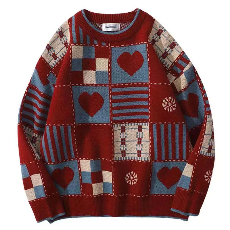 Japanese Vintage Plaid Love Round Neck Sweater For Men And Women 2022 Cardigan Loose Couple Style Sweater Coat Pullover