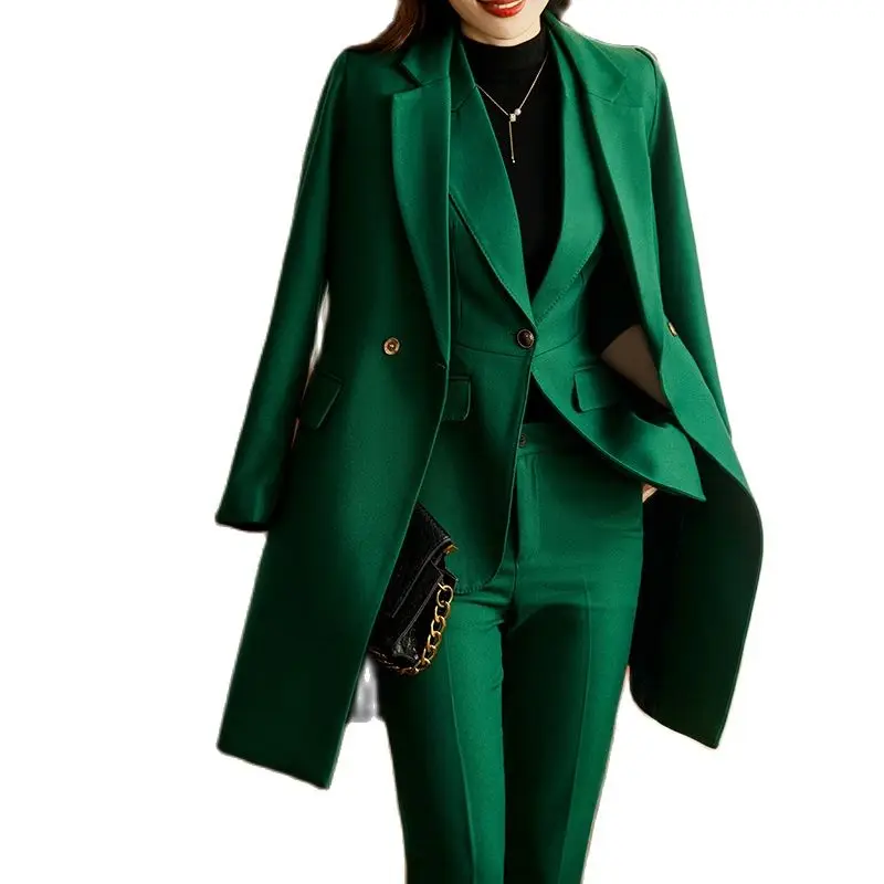 High quality autumn and winter women's two-piece trousers suit Formal green women's business uniform Long suit coat and trousers