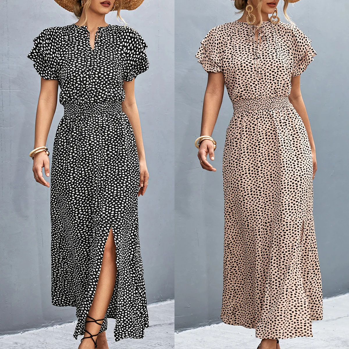 

Женское платье-макси в горошек, с V-образным вырезом