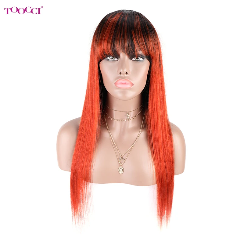 Toocci Straight Human hair Wigs with Bangs 130% Density Long Wig 100% Human Hair Wigs for Women Colorful Straight Wig with Bangs