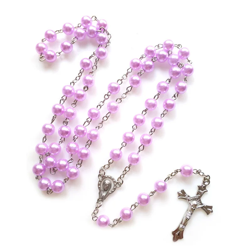 

QIGO Purple Imitation Pearl Rosary Necklace Acrylic Beads Strand Long Jesus Cross Pendant For Women Religious Jewelry