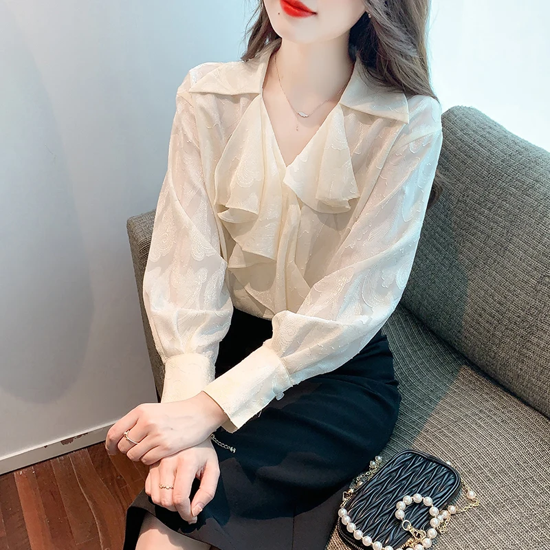

Solid Women's Shirts Summer 2023 New Chiffon Blouses Loose Long Sleeves Vintage Ruffles Top Ladies V-neck Clothing YCMYUNYAN