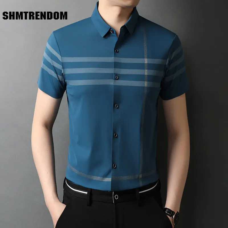 

Striped Seamless Anti-Wrinkle Fashion Luxury Short Sleeved Shirt Summer New High-Quality Smooth Silky Cool Male Camisa Masculina