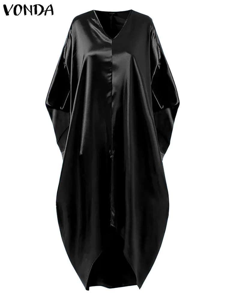 Plus Size 5XL VONDA 2023 Women Satin Dress Summer Sexy Irregular Long Sundress Half Sleeve Casual Loose Solid V Neck Robe
