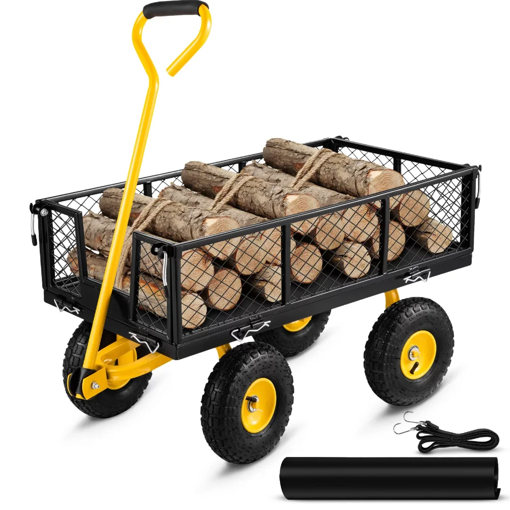 Steel Garden Cart, Heavy Duty 500 lbs Capacity, with Removable Mesh Sides to Convert into Flatbed, Utility Metal Wagon