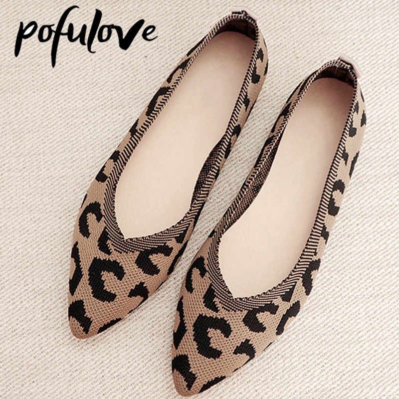 

Pofulove Fashion Breathable Leopard Mesh Ballet Flats Pointed Toe Slip on Loafers Women Casual Soft Rubber Sole Boat Shoes