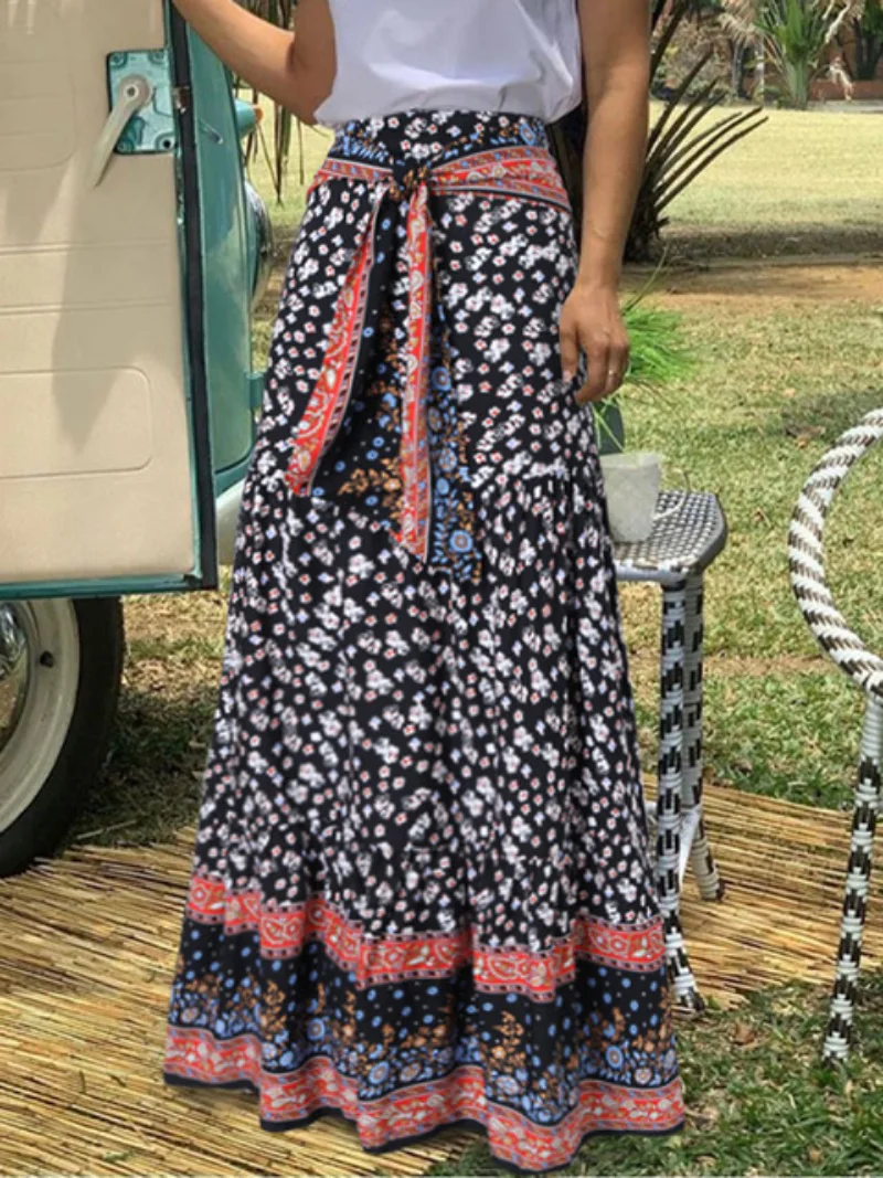 

Fashion Floral Print Skirt 2023 Casual Loose Bandage Long Jupes Bohemian High Waist Women Ruffled Hem Maxi Skirt Holiday 2023