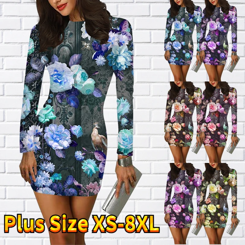 

Vintage Elegant Party Skirt Fashion Slim Skirt New Design Printed Sheath Skirt Fall Winter Women Round Neck Long Sleeve Skirt