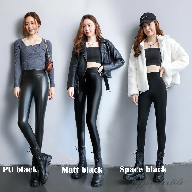 Sexy PU Leather Fleece Lined Thick Winter Pants Women Super Stretchy High Waist Thermal Leggings 4 Seasons Leather Pencil Pants