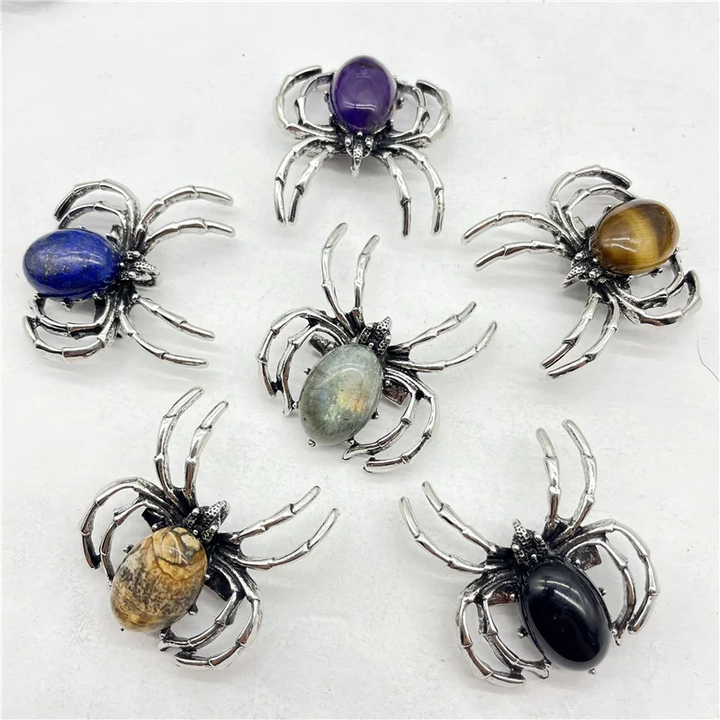 

Natural Gem Stone Quartz Crystal Animal Spider Archaize Silver Pendant Brooch Dual-use Accessories Jewelry Making 10pcs