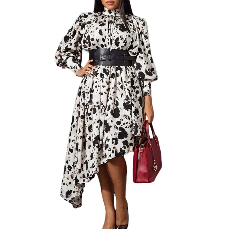 

African Dresses For Women Lantern Sleeve Stand Collar Africa Kanga Clothing Fashion New Tie Dye Print Belt Corset African Dress