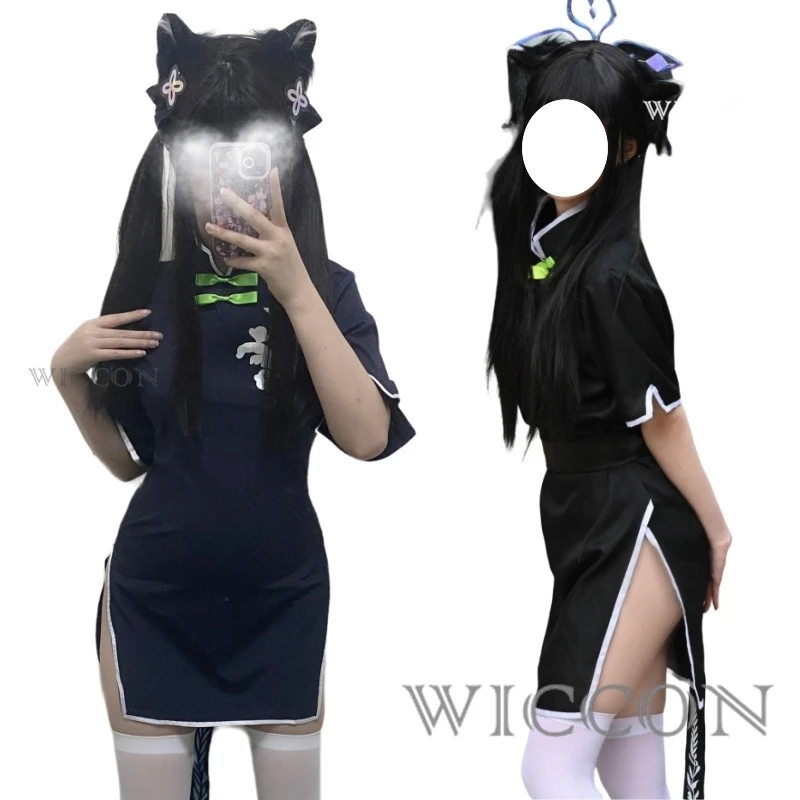 Аниме Синий Архив Косплей Sunohara Shun Chilhood Костюм Темно-Синее Платье Cheongsam Заколки