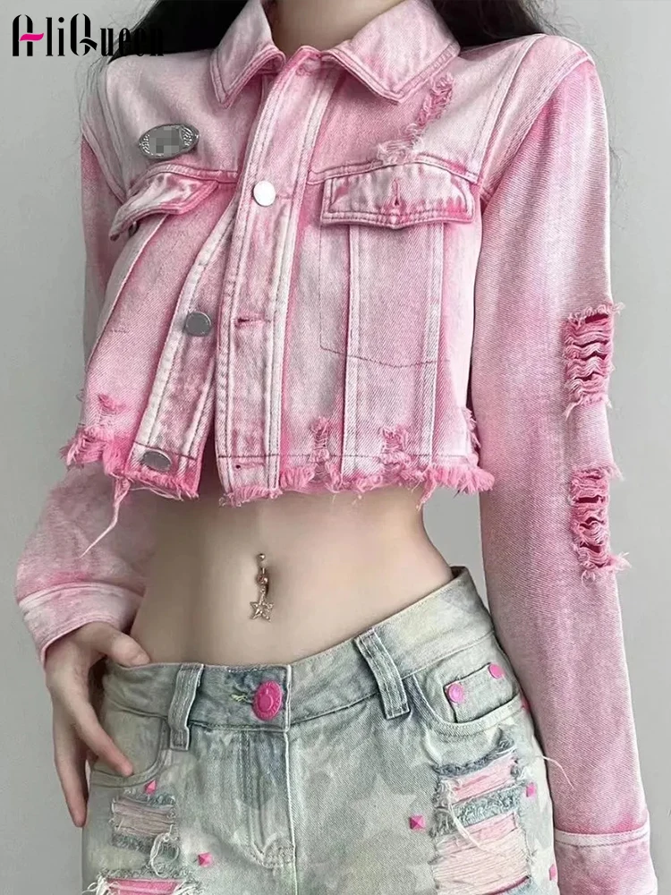 

Women Spring Vintage Casual Pink Tassel Holes Short Denim Coat Crop Top Female Single Breasted Versatile Jeans Jacket Chaquetas