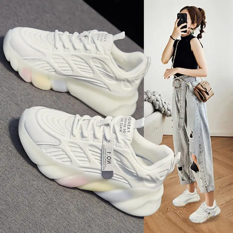 

2022 fashion Dad Chunky Sneakers Casual Vulcanized Shoes Woman High Platform Sneakers Lace Up White Sneakers Thick Sole Women