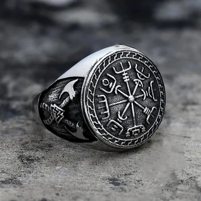 Vintage stainless steel compass viking ring men boys nordic viking axe aegishjalmur ring male norse mythology jewelry size 7-15