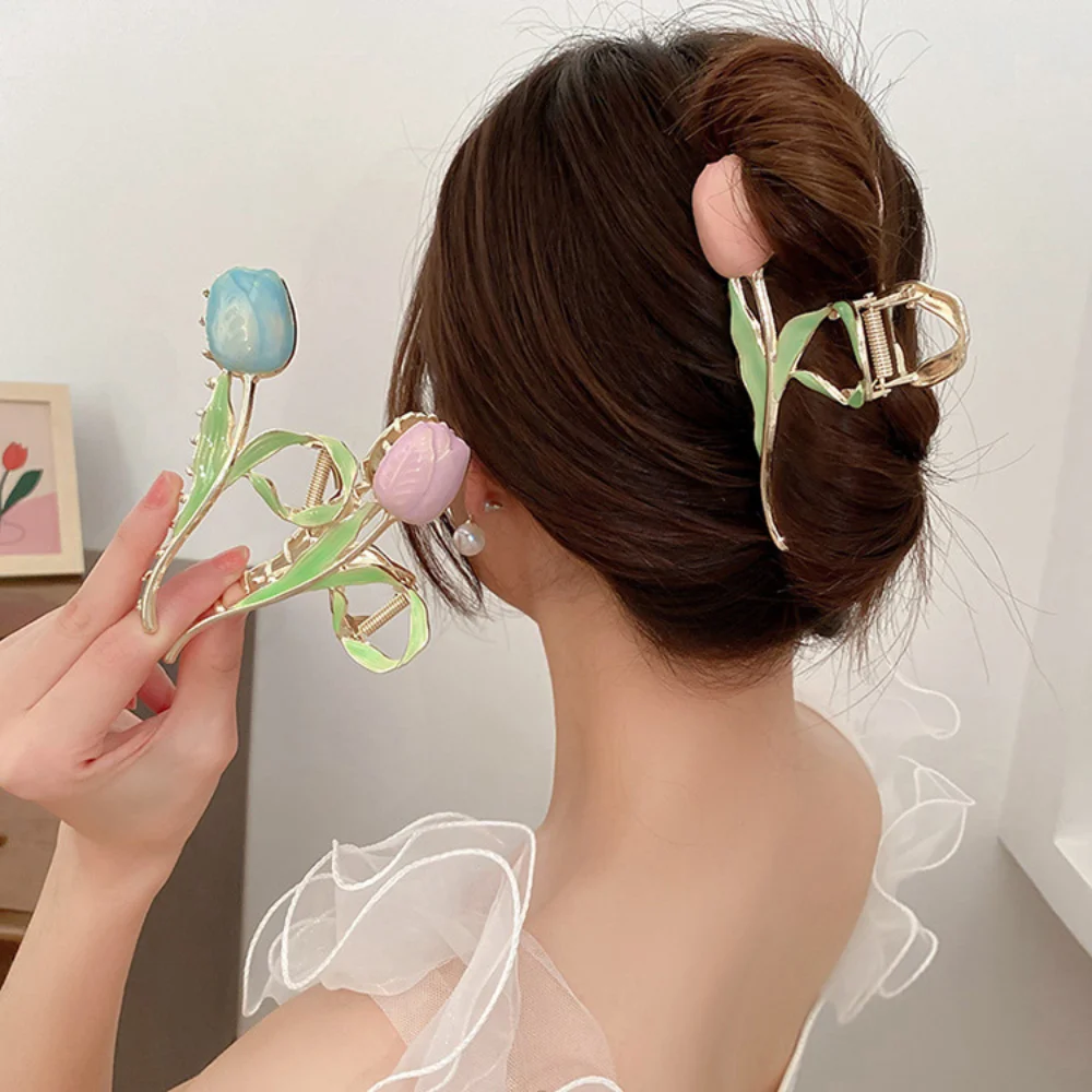 

Elegant Tulip Hair Claws Headwear for Women Girls Trendy Ponytail Claw Clip Ornament Bell Orchid Hair Accessories Heawear Tiara