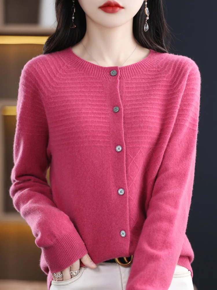 Женский базовый кардиган из 100% мериносовой шерсти, осенне-зимний вязаный кашемировый свитер с длинным рукавом и круглым вырезом, изящная женская одежда, топы Женский базовый кардиган из 100% мериносовой шерсти, осенне-зимний вязаный кашемировый свитер с длинным рукавом и круглым вырезом, изящная женская одежда, топы