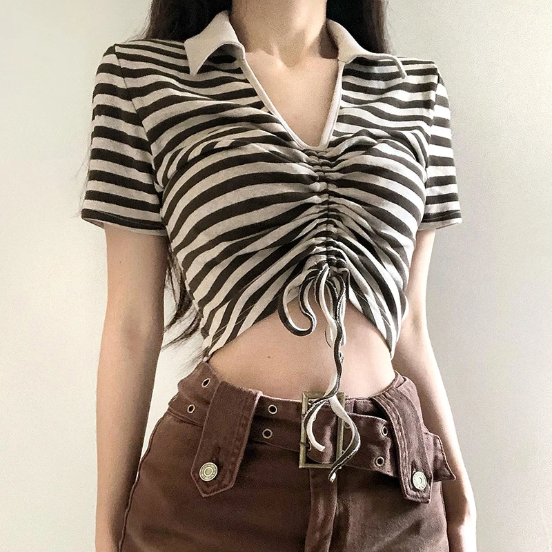 

Summer Fashion Slim Striped Contrast Color Shirring Short Sleeve Tee Shirt Casual Short Skinny T-Shirts Women Girl Crop Top