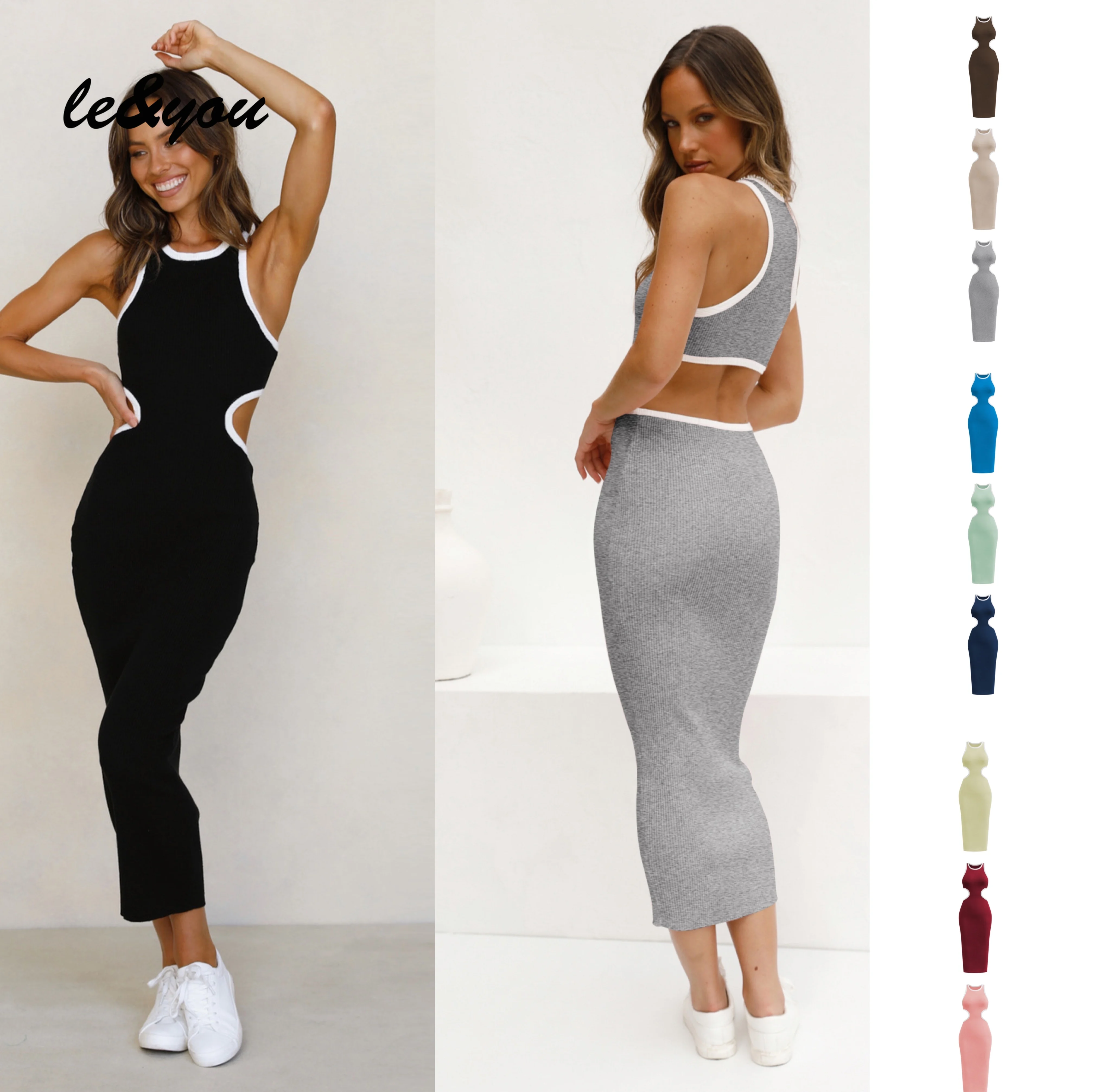 

Summer Dresses Woman 2022 O-Neck Hollow Out Backless Pullover Sleeveless Sexy Elastic High WaistI-shaped Knitting Bodycon Dress