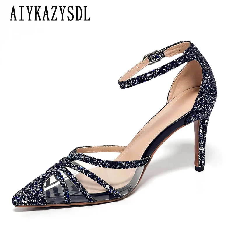 

Женские блестящие туфли AIYKAZYSDL с блестками, блестящие туфли-лодочки с ремешком на щиколотке, классические танцевальные туфли серебристого, ...