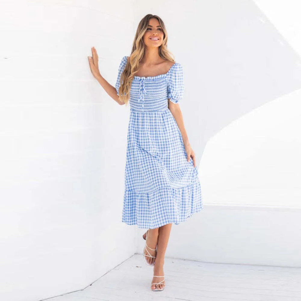 

Женское клетчатое платье-миди с открытой спиной, с квадратным вырезом и коротким рукавом