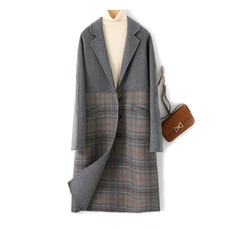 

High-end gray plaid 90-95%wool coat for women's 2022 new Korean loose long knee-length double-sided woolen coat female K1196
