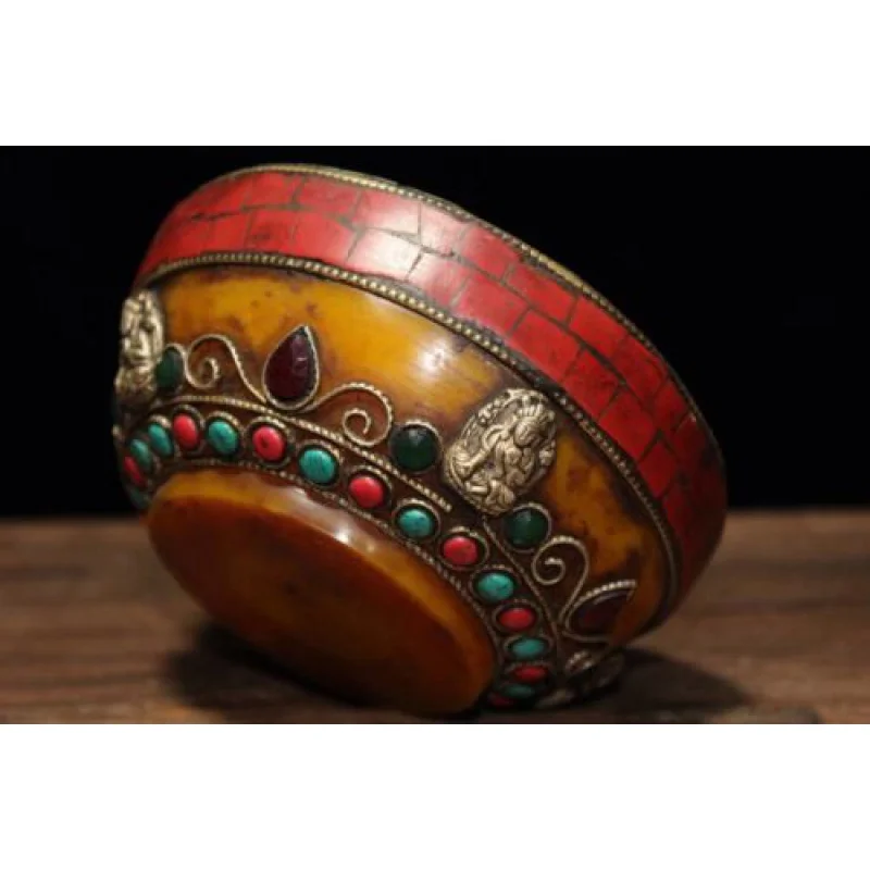 

Chinese Antique Tibetan Beeswax Gem Bowl Buddha Statue