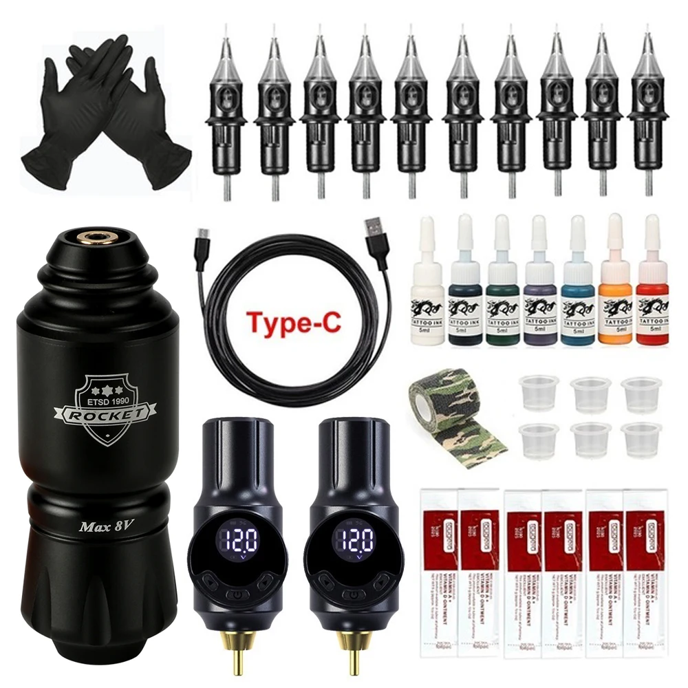 

Wireless Tattoo Kit Complete Mini Rocket Rotary Tattoo Pen Machine Set RCA Jack Digital Power Supply Cartridges Needles Supplies