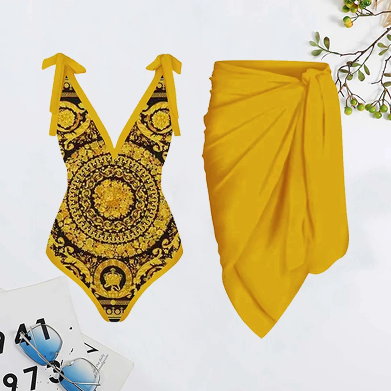 2023 LANSWE Retro Print Deep V One-Piece Swimsuit One-Piece Women Smock Swimwear Two-Piece Suit Summer Beach Wear OP059