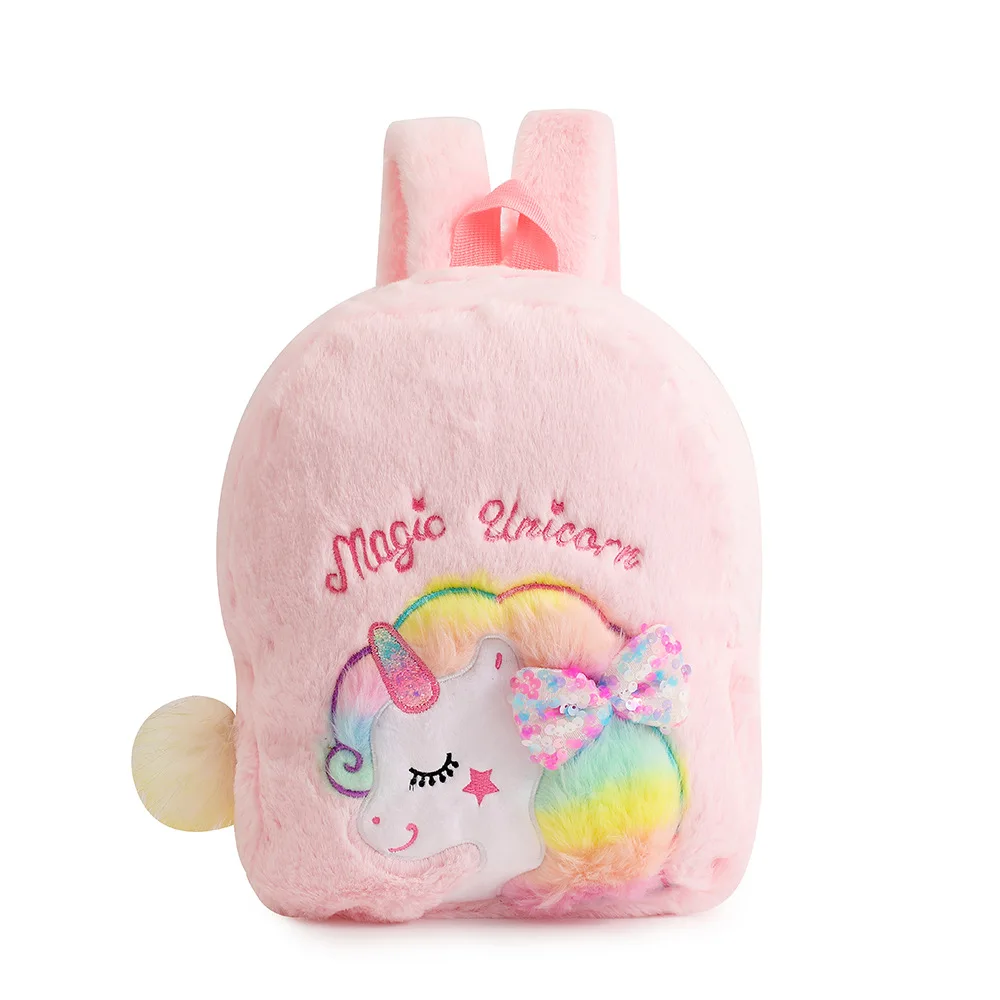 Plush Unicorn Tie Dye Cartoon Backpack Children Cute Bow Kindergarten Schoolbag Girl Fashion Fur Children Kids Gift Book Bag