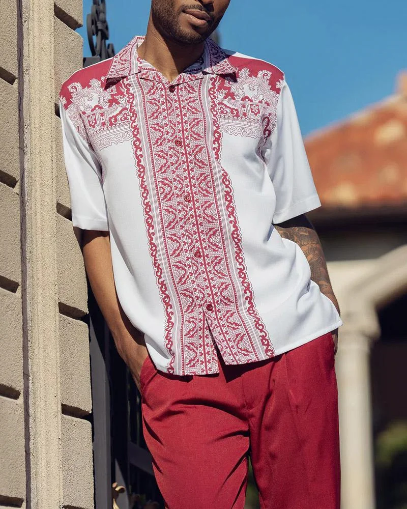 Ethnic pattern printing men's summer two-piece fashion casual short-sleeved shirt and trousers suit men's 2023 suit pants 4XL