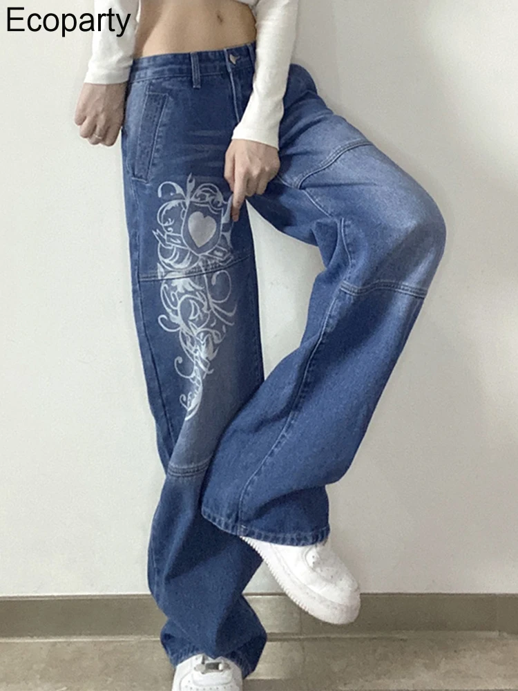 

Женские мешковатые джинсы с принтом Y2K, джинсы с низкой талией, осень 2022, широкие Мешковатые Свободные джинсовые брюки-карго, повседневные брюки 50