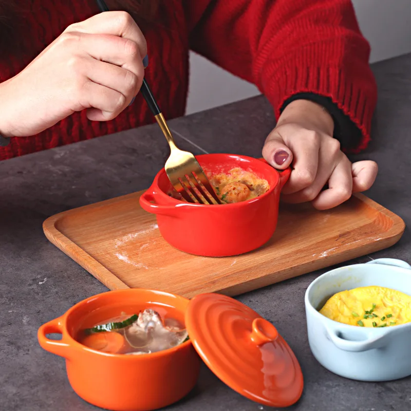 

Nordic Binaural Ceramic Bowl Steamed Egg Pudding Bowl Salad Bowl Noodles Cute Bowl Baking Mold with Lid Ceramic Tableware 200ml