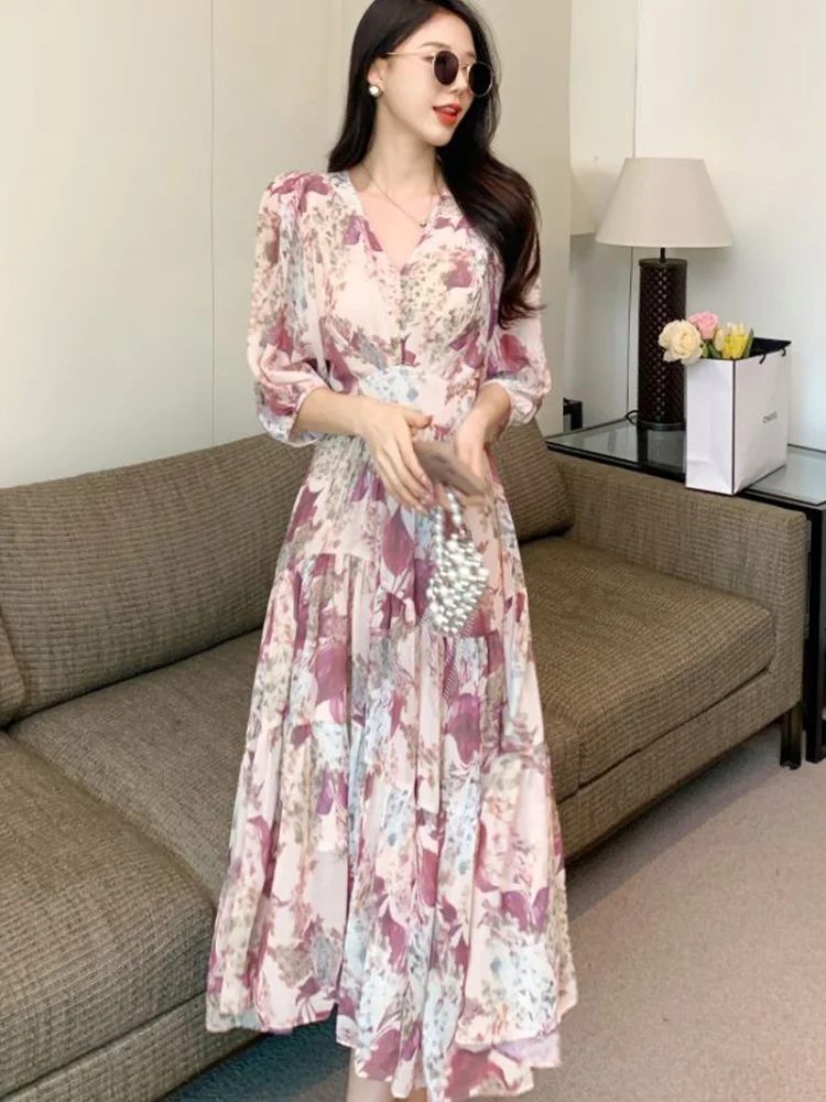 

Spring Summer Fashions V-neck Slim Waist Floral Dress Women Elegant Short Sleeve Female A-line Dresses Ladies Midi Vestidos