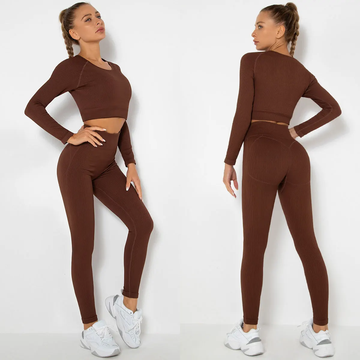 Seamless Women Yoga Set Workout Tracksuit High Waist Leggings Sport Long Sleeves Bra Crop Top Fitness Shorts Sports Gym Suits