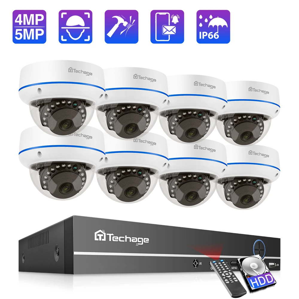 Techage H.265 8CH 4MP 5MP POE Camera System Human Detect Audio Record Vandalproof  Indoor Dome Camera Security Surveillance Kit