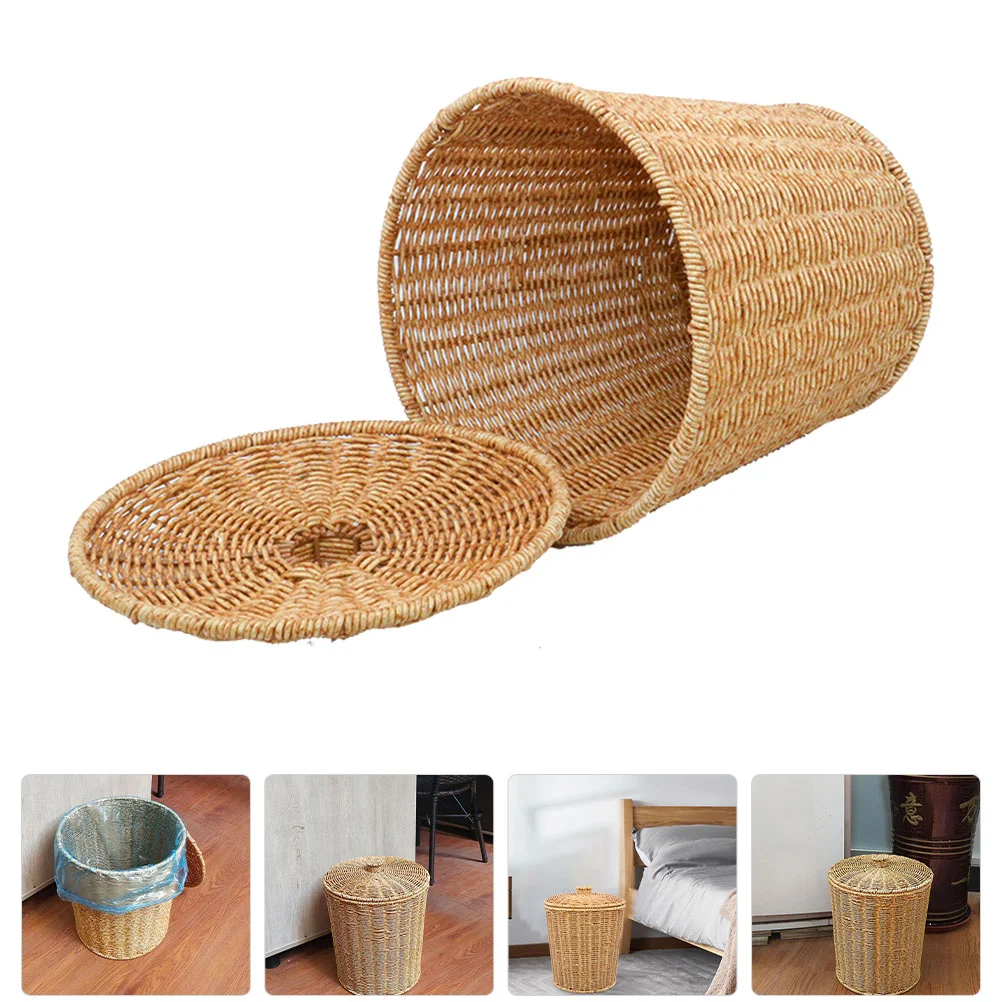 

Basket Can Trash Storage Woven Waste Wicker Rattan Bin Bedroom Planter Garbage Laundry Sundries Lid Clothes Dirty Wastebasket