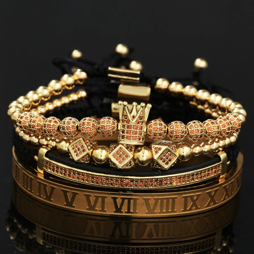 

Men Bracelet Jewelry 4pcs/set Crown Charms Macrame Copper Beads Bracelets Braiding Man Luxury Jewelry for Women Bracelet Gift