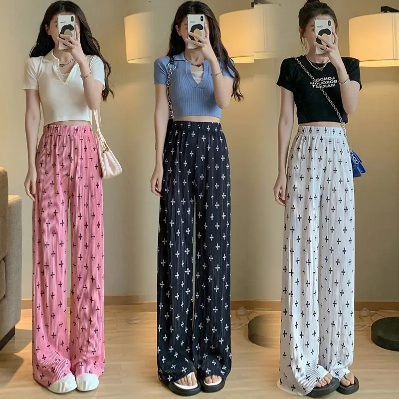 

Casual Pleat Printed Wide Leg Pant Women Korean Fashion Loose Elastic High Waist Straight Trousers 2023 Summer Chic Mopping Pant