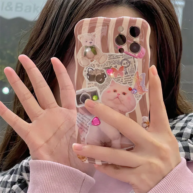 

Stripe Camera Newspaper Cat+Diamond Sticker Phone Case For iphone 14 13 12 11 Pro Max X XR XSMAX 7 8 Plus SE TPU Case Cover