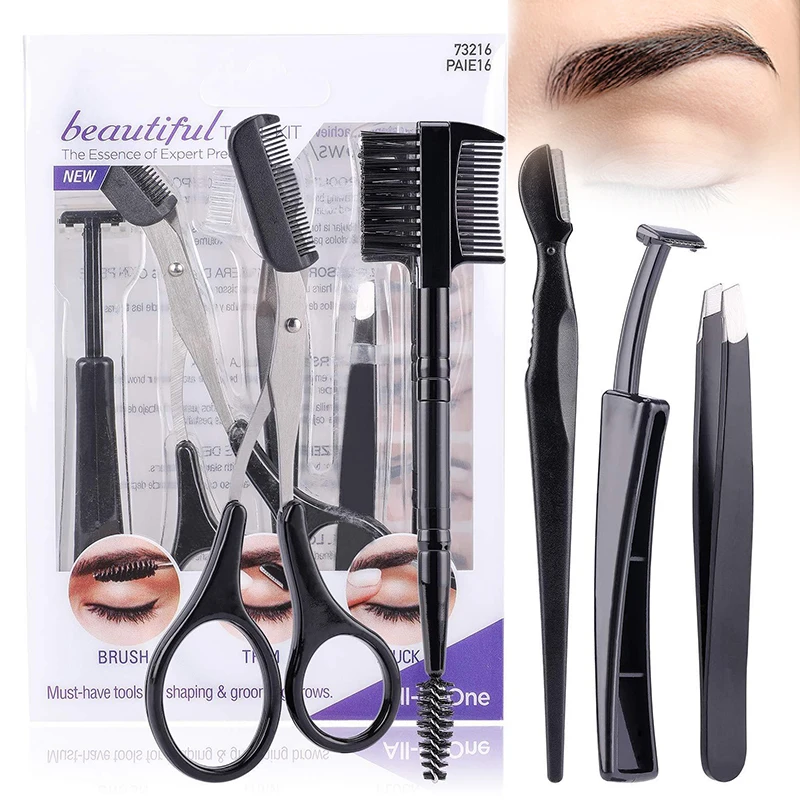 

Newly Eyebrow Makeup Tool Set 5 in 1 Women Multipurpose Brow Shaping Kit with Razor Tweezer Scissor Comb & Eyebrow Scraper Set