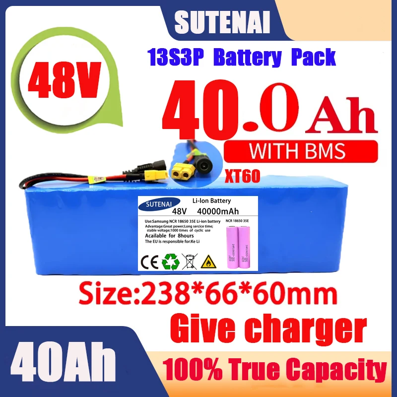 

Powerful 48V 120000mAh 1000w 13S3P XT60 120Ah Li-ion Battery for 54.6V Scooter Electric Bike with BMS Charger