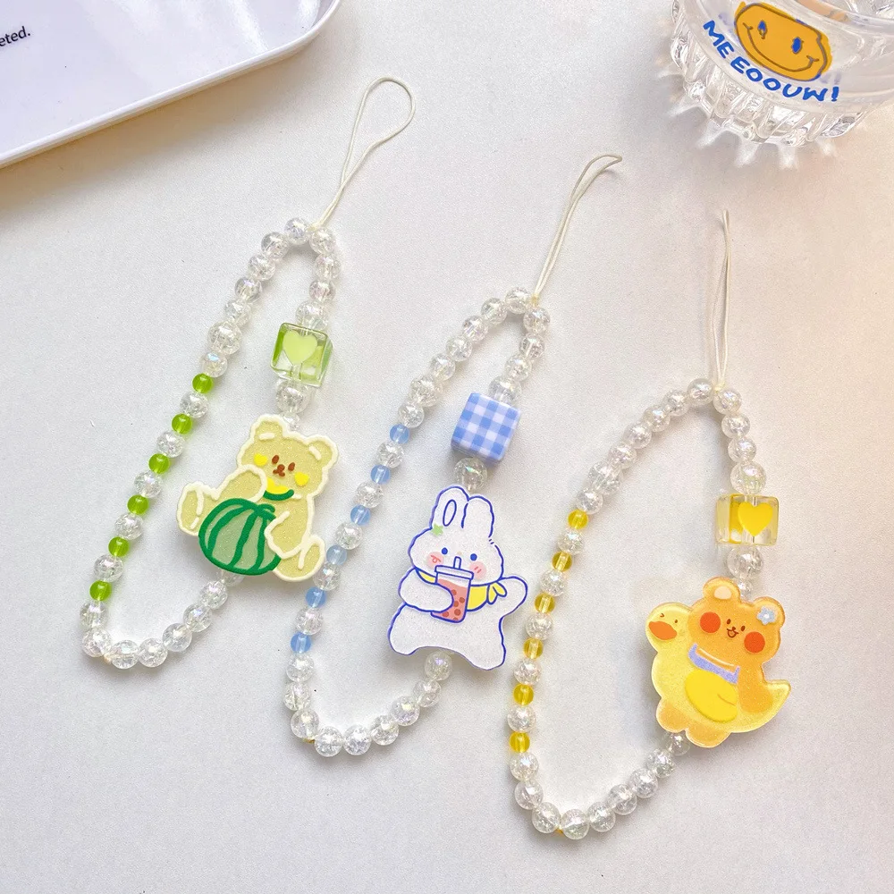 

Lovely Beaded Mobile Phone Strap Short Cartoon Cellphone Lanyard Keychain Lanyards Bracelet Hand Rope Couple Backpack Decorate